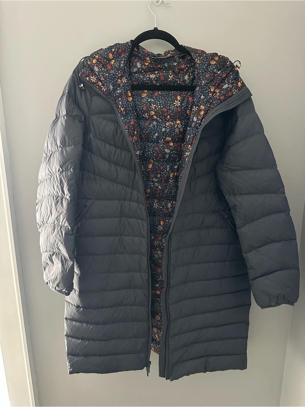 Lands' End Muted Navy Long Quilted Puffer Coat with Floral Lining